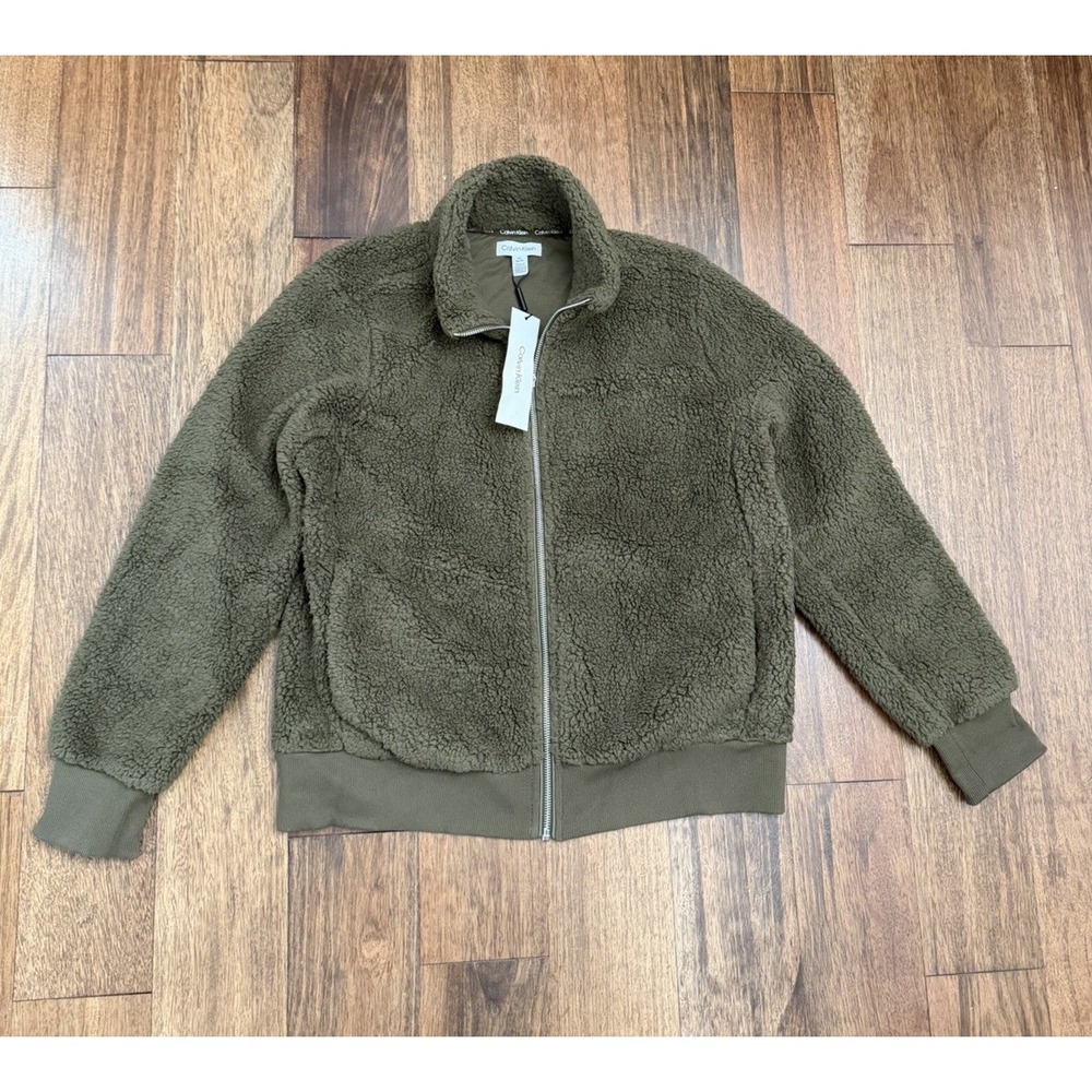 NWT Calvin Klein Woman's Olive Green Fleece Jacket w/ Pockets Medium Full Zip